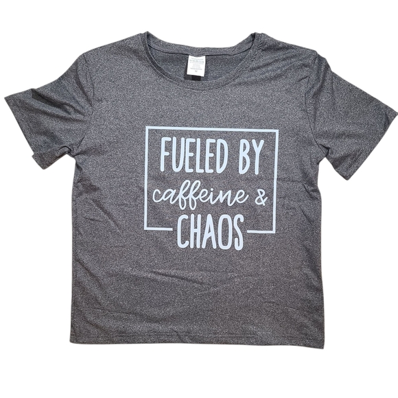 Fueled by Caffeine & Chaos Cropped Graphic Tee Gray Women’s Medium Coffee Lover - Picture 2 of 7